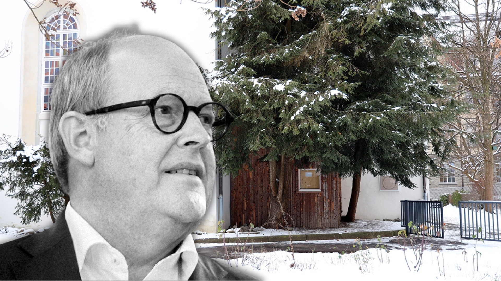 Fredy Brunner alt Stadtrat vor der Wiborada-Zelle (Fotomontage).